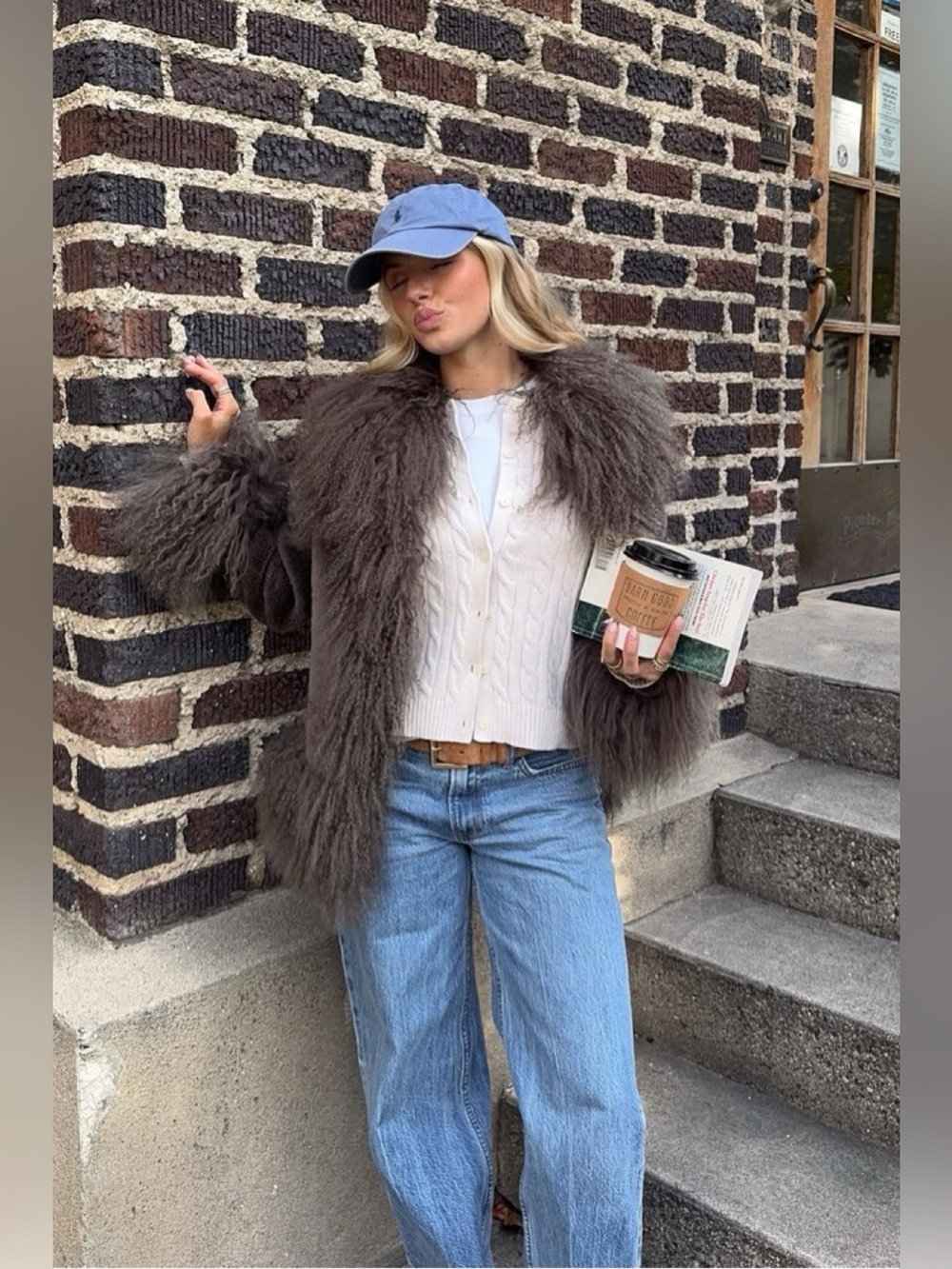Charlotte Simone Olive shaggy shearling trim jacket in color minky